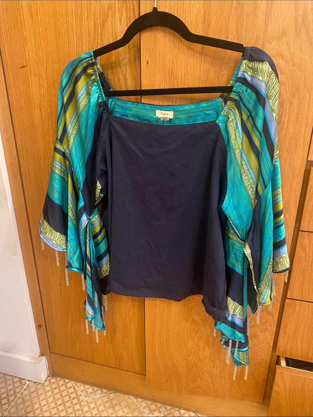 TINY ANTHROPOLOGIE Navy Blouse with Teal & Green Draped Sleeves